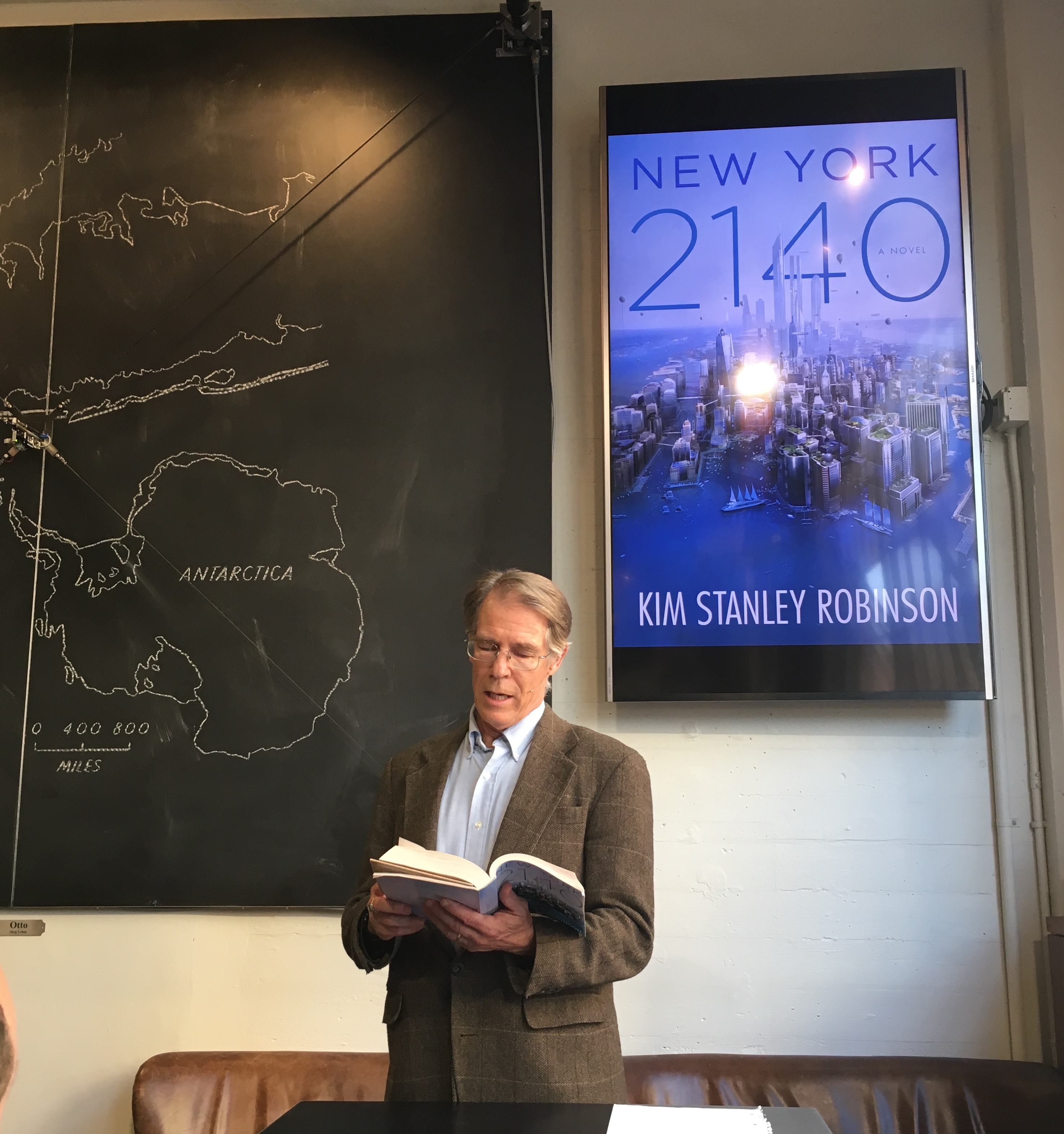 Kim Stanley Robinson, reading from his novel *New York 2140* at The Interval, May 9 2017.